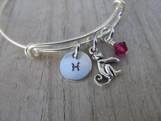 Monkey Charm Bracelet- Adjustable Bangle Bracelet with an Initial Charm and an Accent Bead in your choice of colors