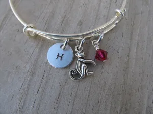 Monkey Charm Bracelet- Adjustable Bangle Bracelet with an Initial Charm and an Accent Bead in your choice of colors