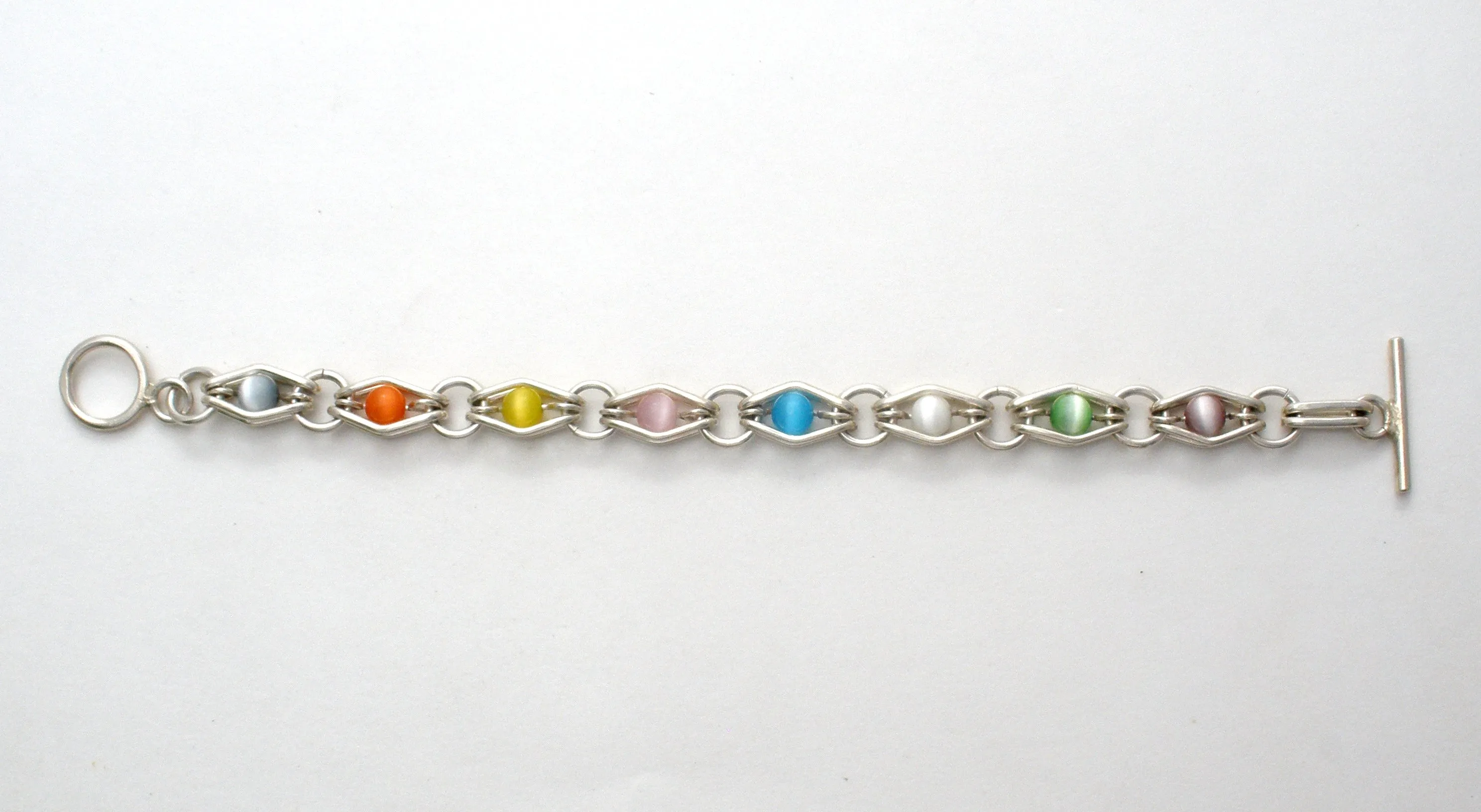 Multi Color Cats Eye Bead Link Bracelet 925
