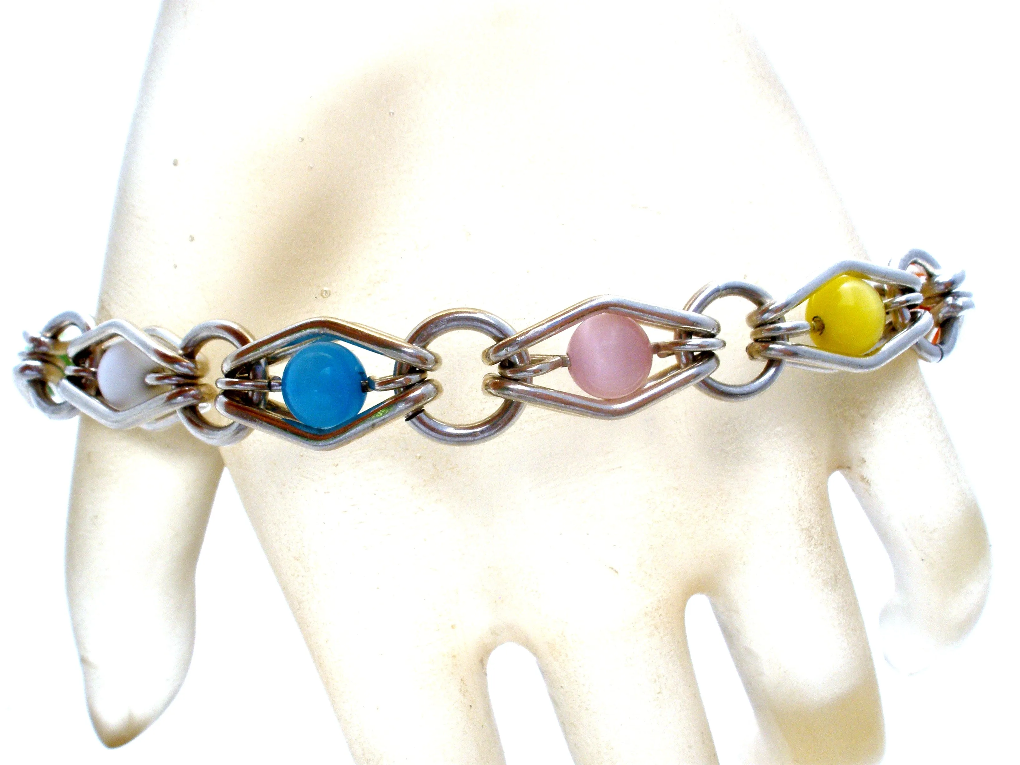 Multi Color Cats Eye Bead Link Bracelet 925