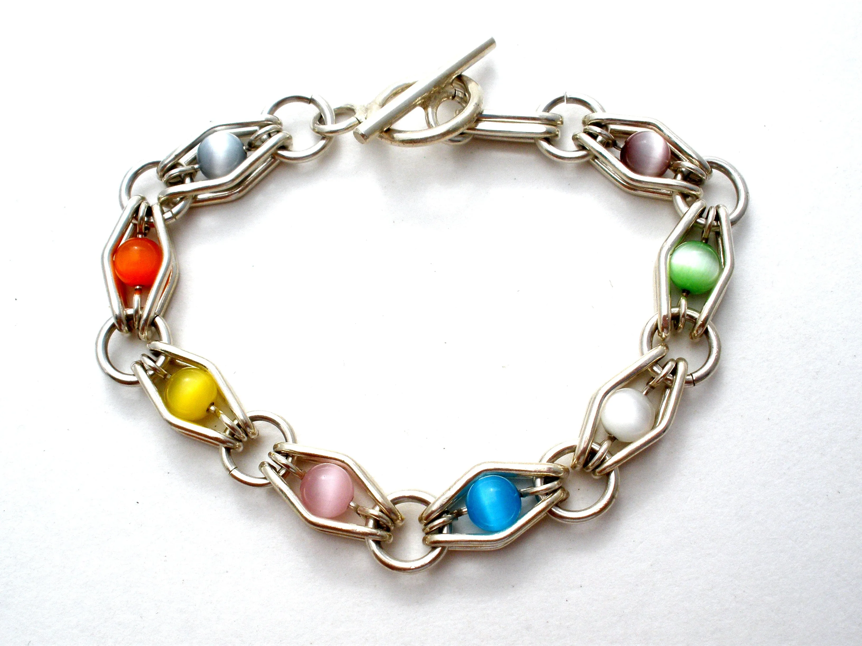 Multi Color Cats Eye Bead Link Bracelet 925