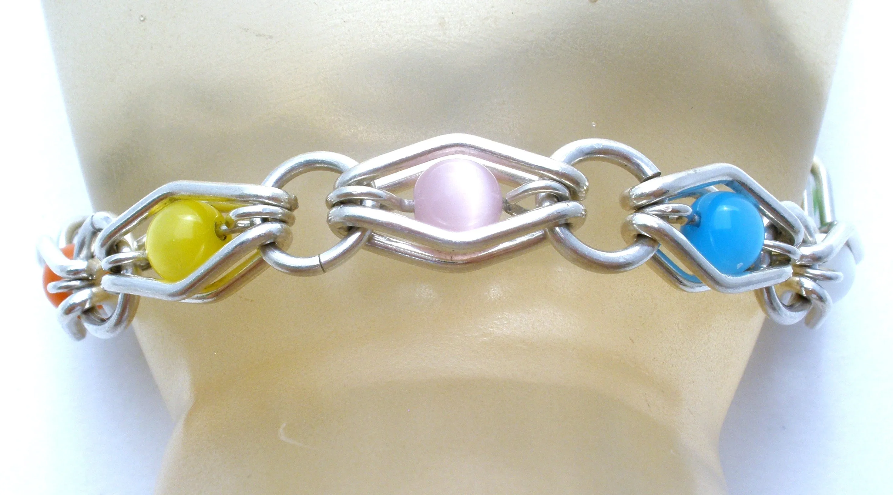 Multi Color Cats Eye Bead Link Bracelet 925