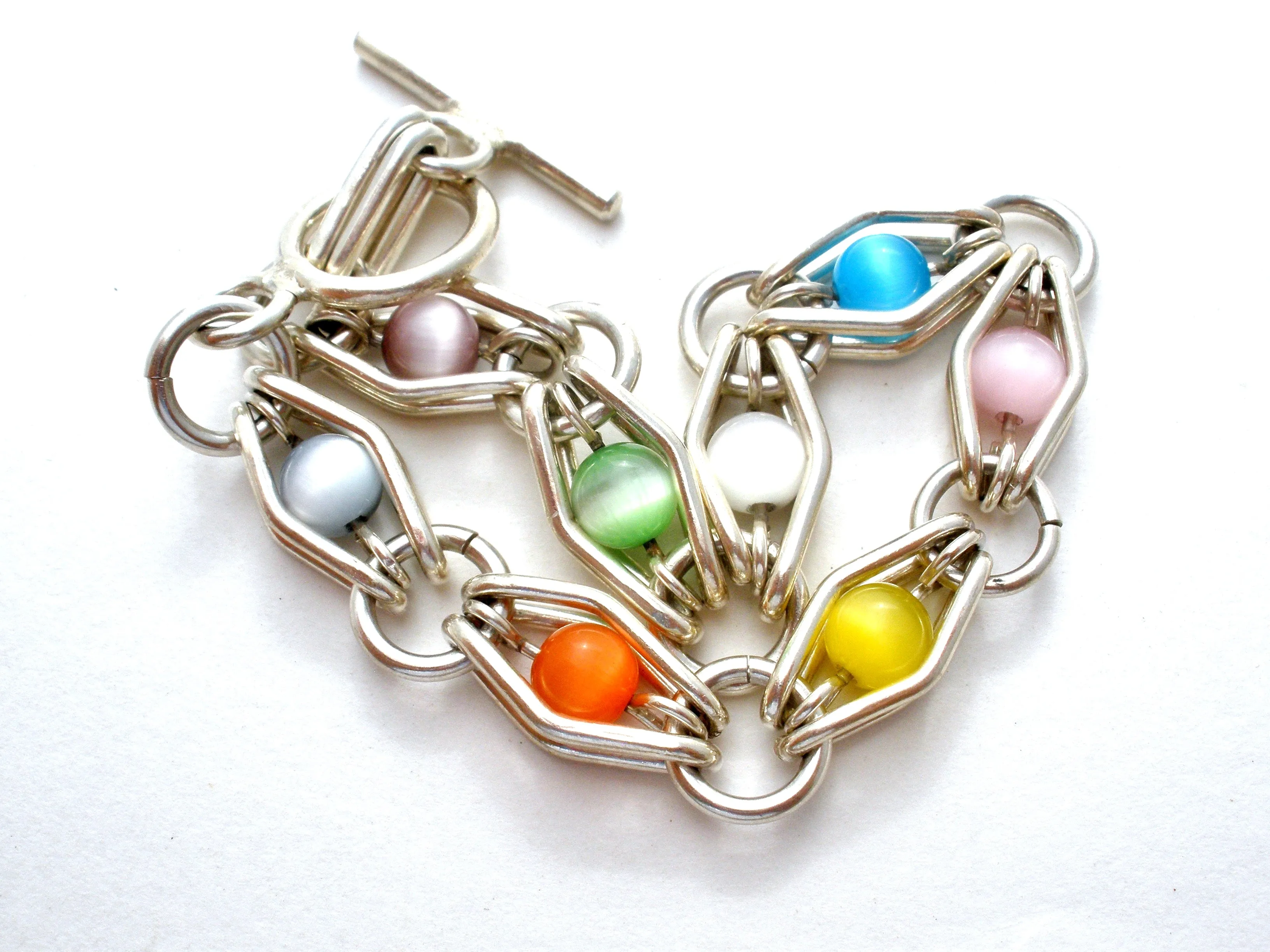 Multi Color Cats Eye Bead Link Bracelet 925