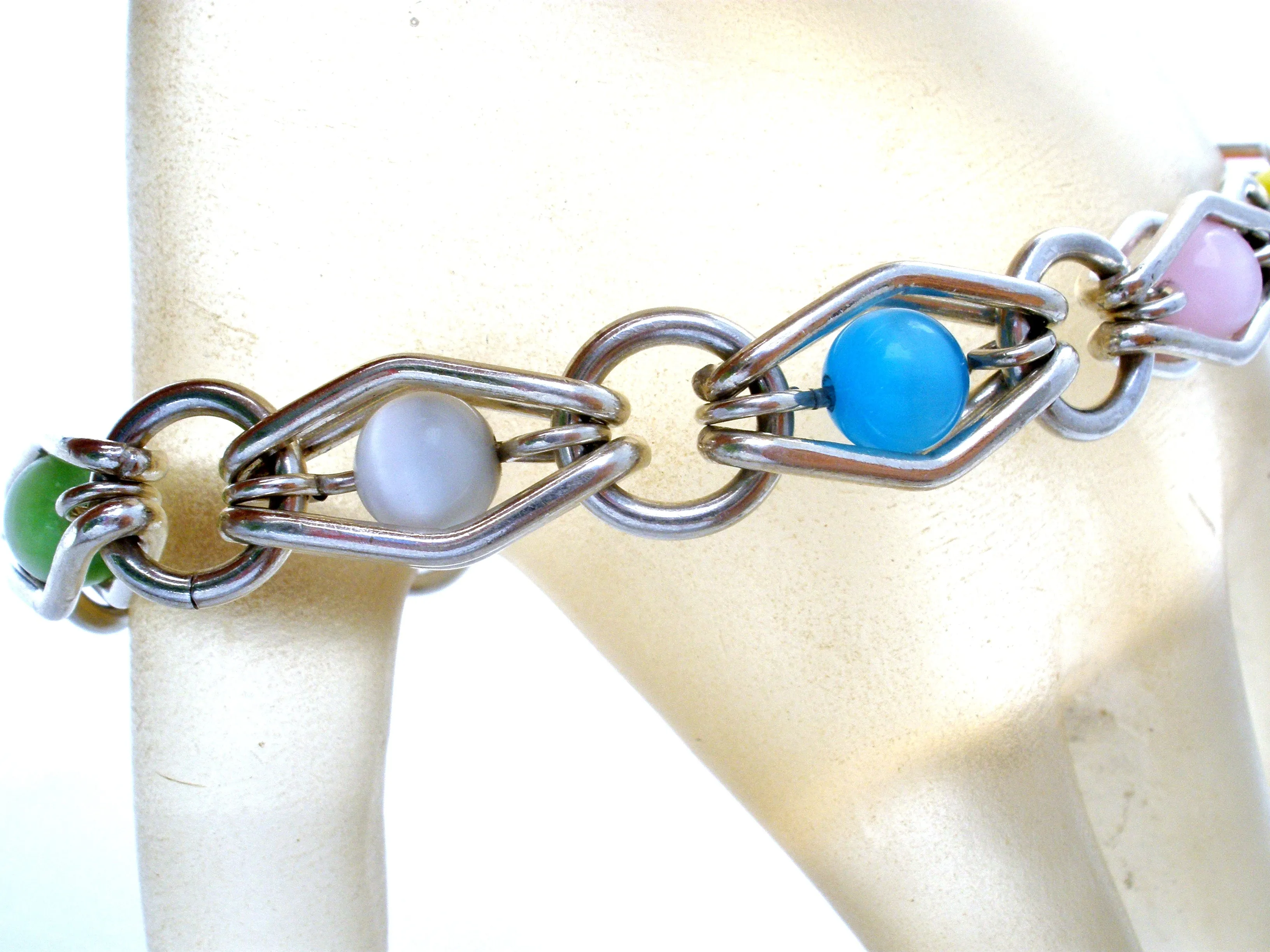 Multi Color Cats Eye Bead Link Bracelet 925