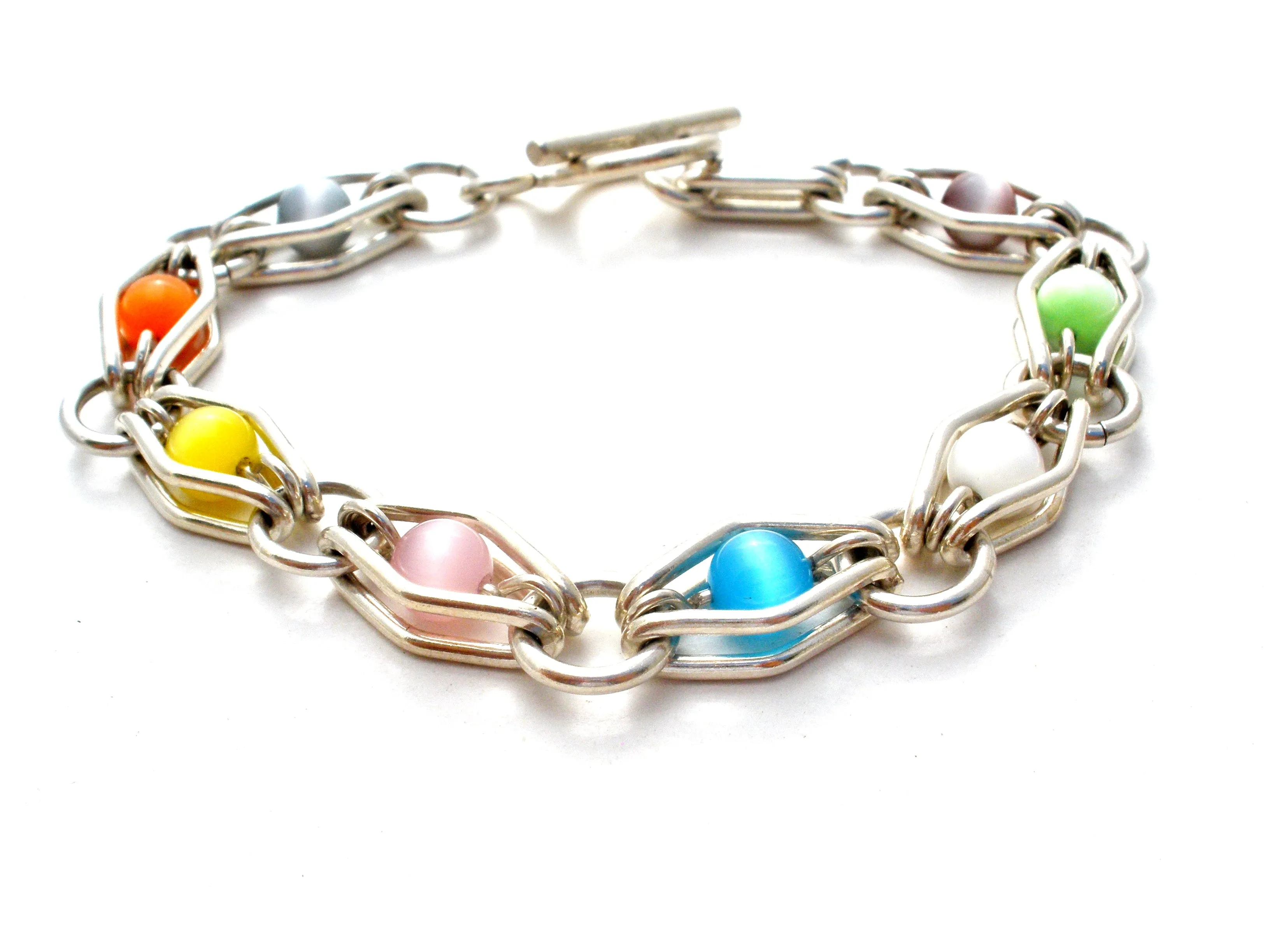 Multi Color Cats Eye Bead Link Bracelet 925