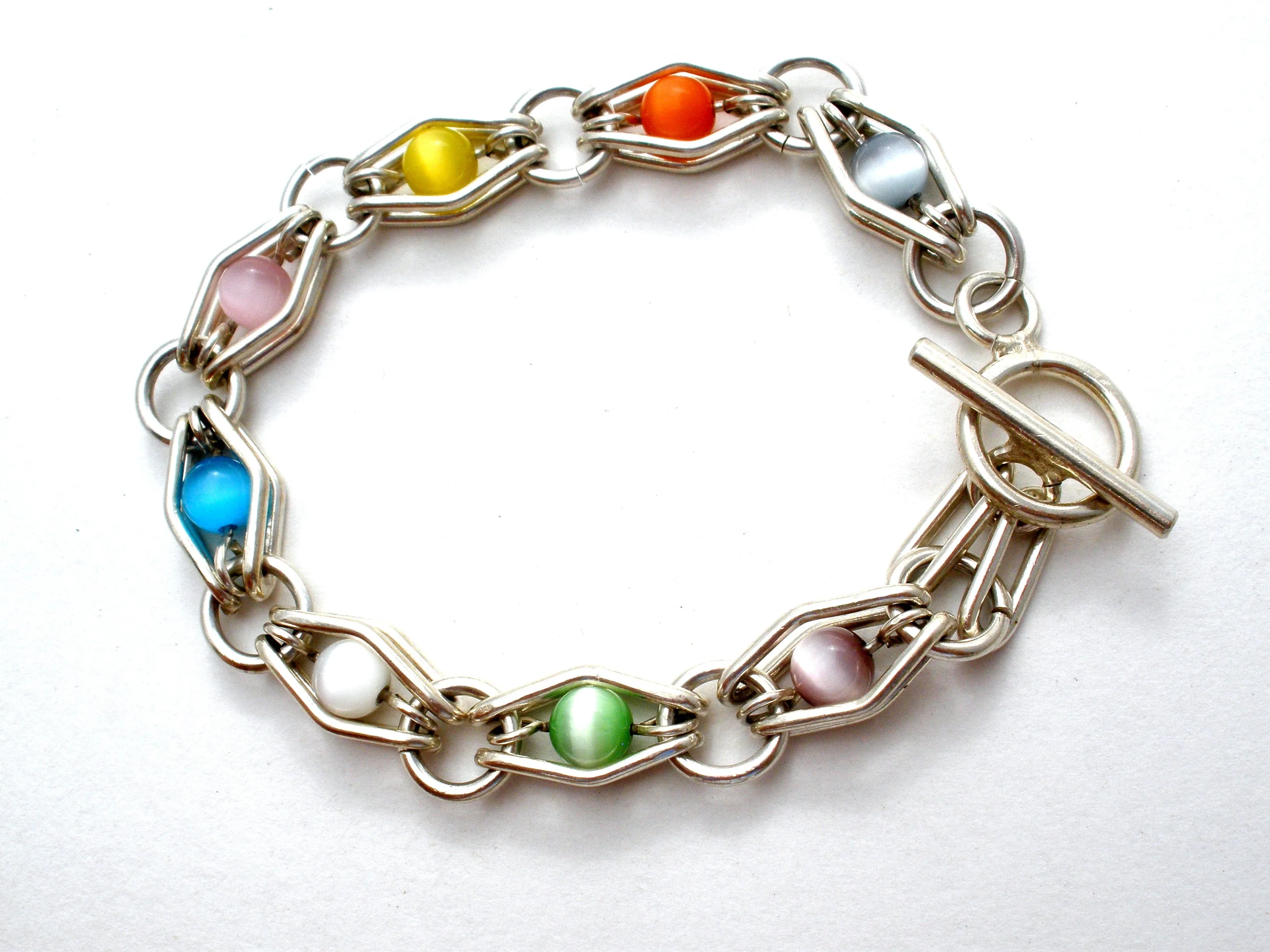 Multi Color Cats Eye Bead Link Bracelet 925