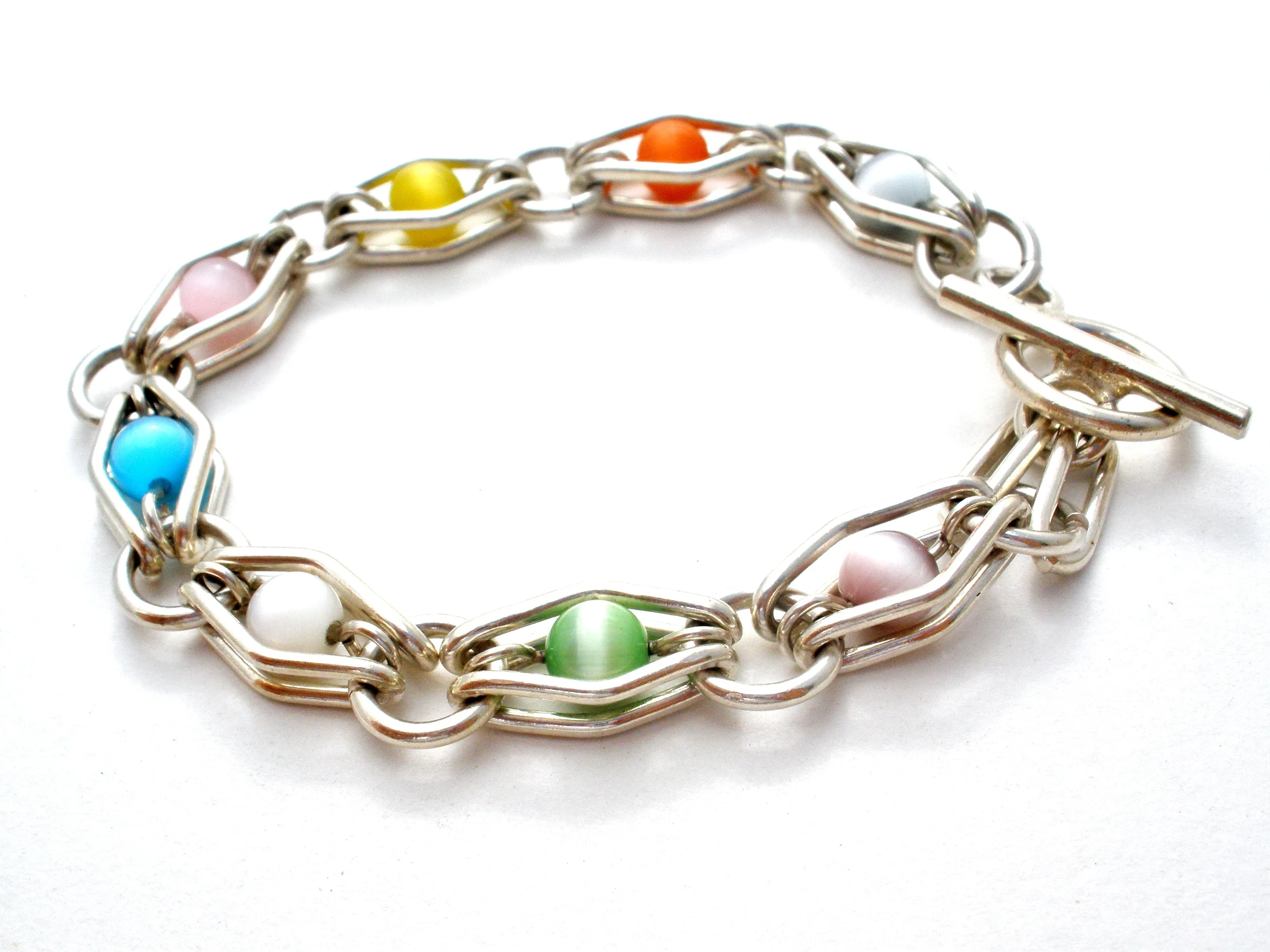 Multi Color Cats Eye Bead Link Bracelet 925