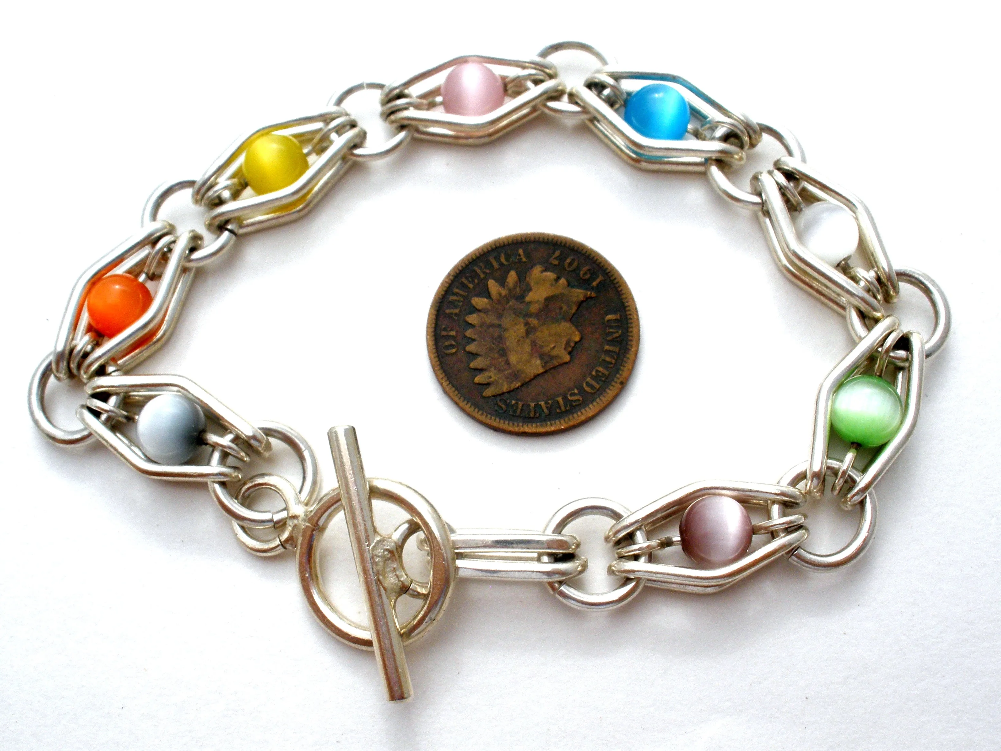 Multi Color Cats Eye Bead Link Bracelet 925