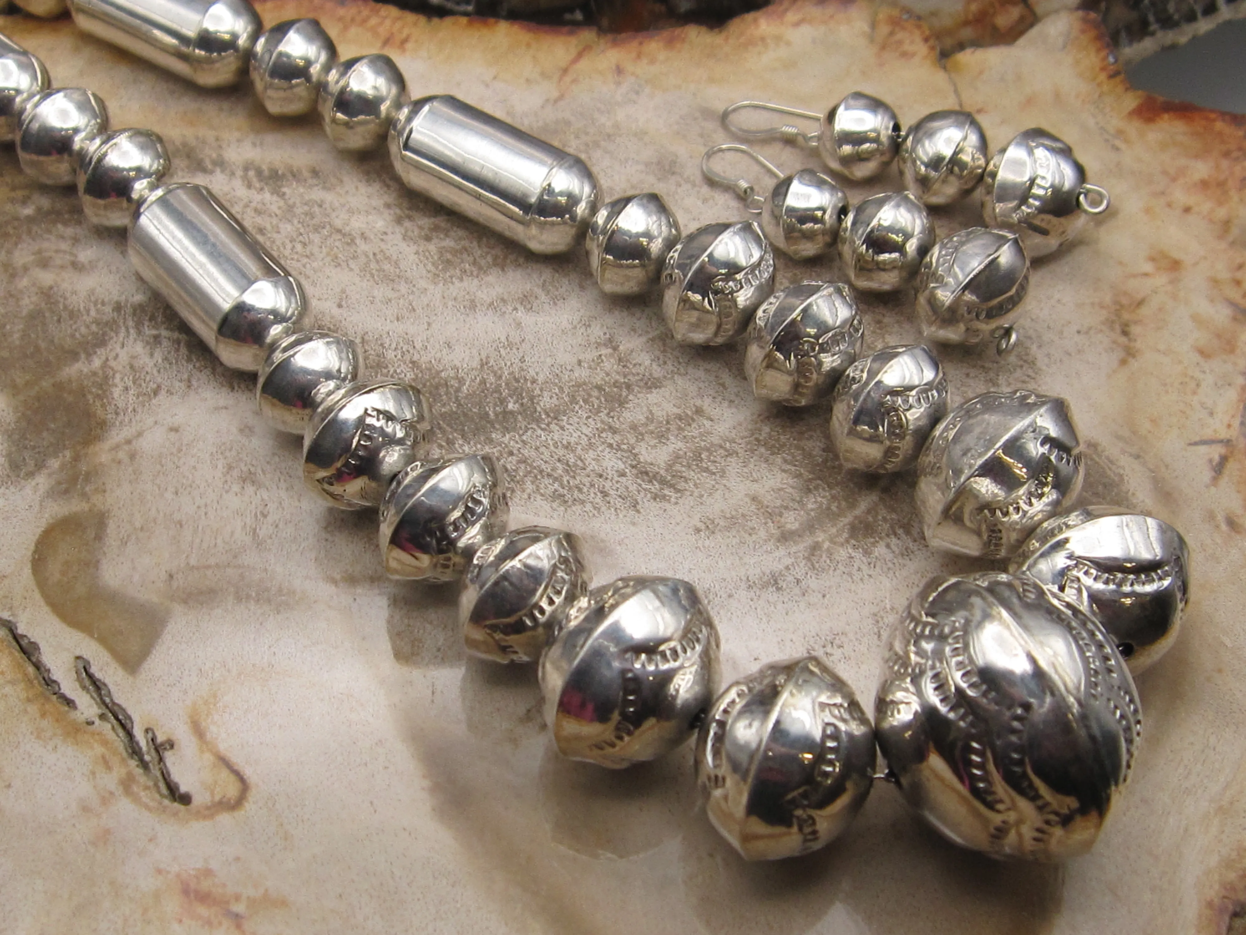 Native American Made Sterling Silver Stamped Beaded Necklace with Earrings