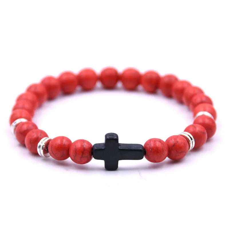 Natural Stone Black Cross Elastic Wire Bracelet