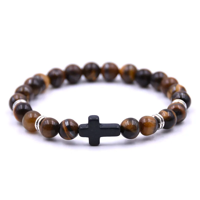 Natural Stone Black Cross Elastic Wire Bracelet