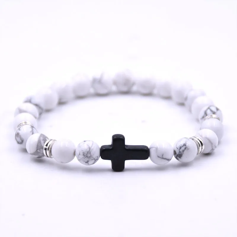 Natural Stone Black Cross Elastic Wire Bracelet