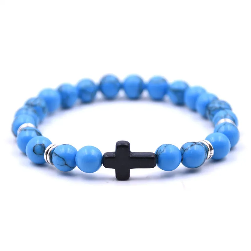 Natural Stone Black Cross Elastic Wire Bracelet