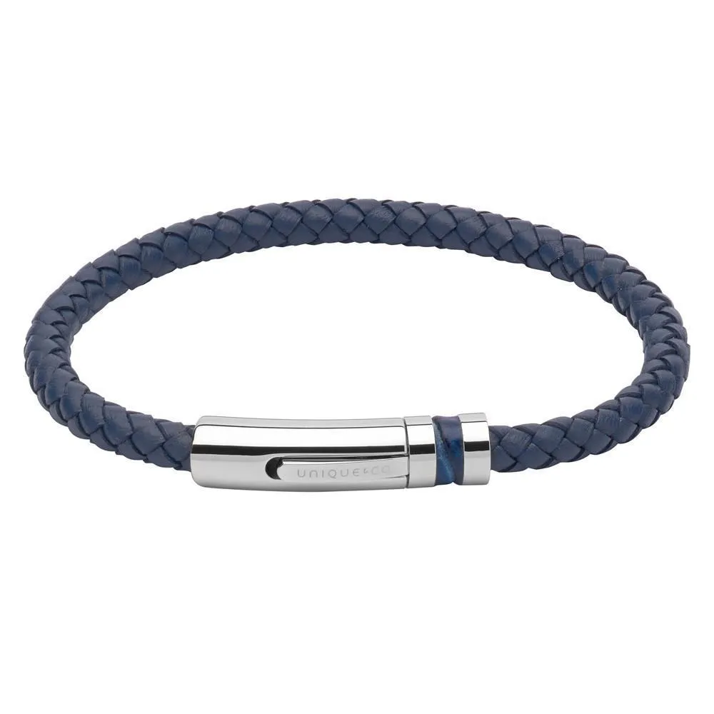 Navy plaited leather bracelet with a blue inlaid steel clasp