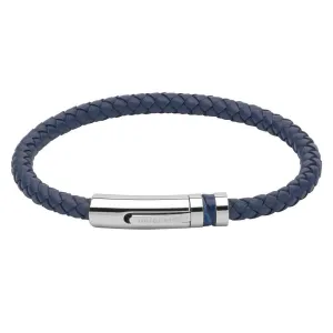 Navy plaited leather bracelet with a blue inlaid steel clasp
