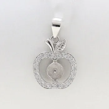 Necklace Pendant Blank Setting Apple Charm 13x21mm Sterling Silver White Gold Fine 925 For One Pearl Prong DIY Jewelry Finding Wholesale 1pc