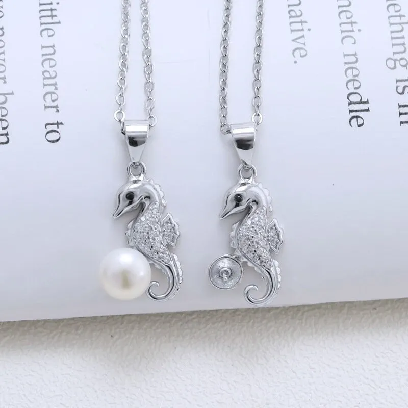Necklace Pendant Blank Setting Sea Horse Charm 11x24mm Sterling Silver Fine 925 For One Bead No Prong DIY Jewelry Finding Wholesale 1pc