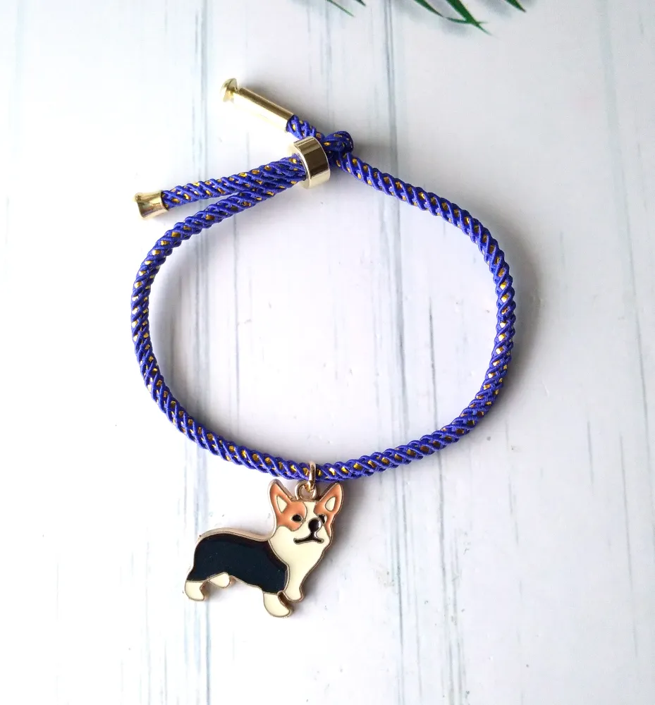 Olivia 2 Enamel Corgi Metallic Cord Slider Bracelet