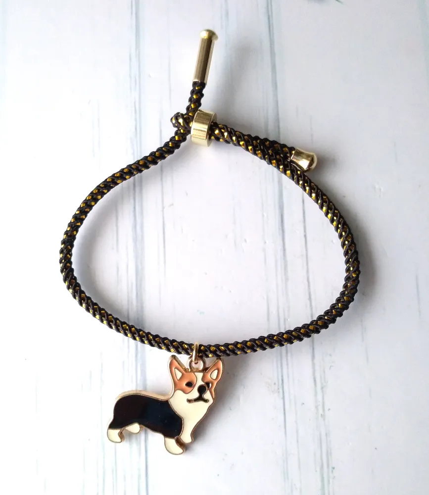 Olivia 2 Enamel Corgi Metallic Cord Slider Bracelet