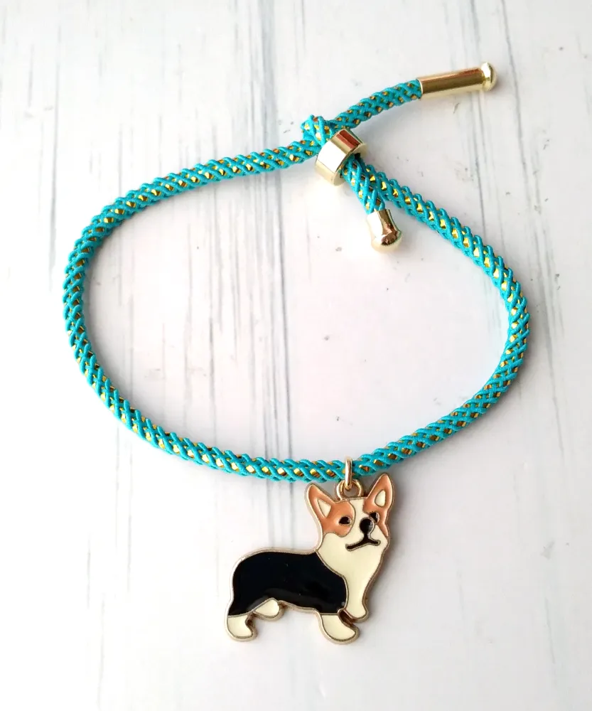 Olivia 2 Enamel Corgi Metallic Cord Slider Bracelet