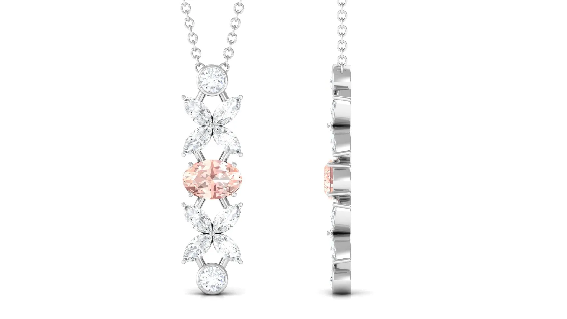 Oval Morganite Flower Dangle Pendant Necklace with Diamond