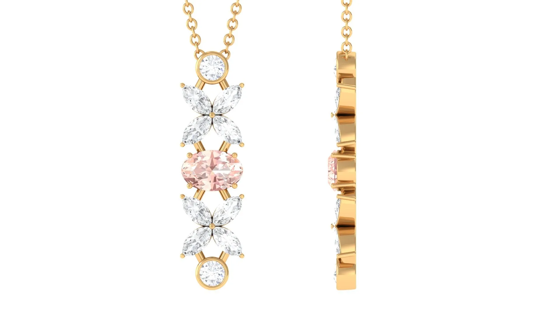 Oval Morganite Flower Dangle Pendant Necklace with Diamond