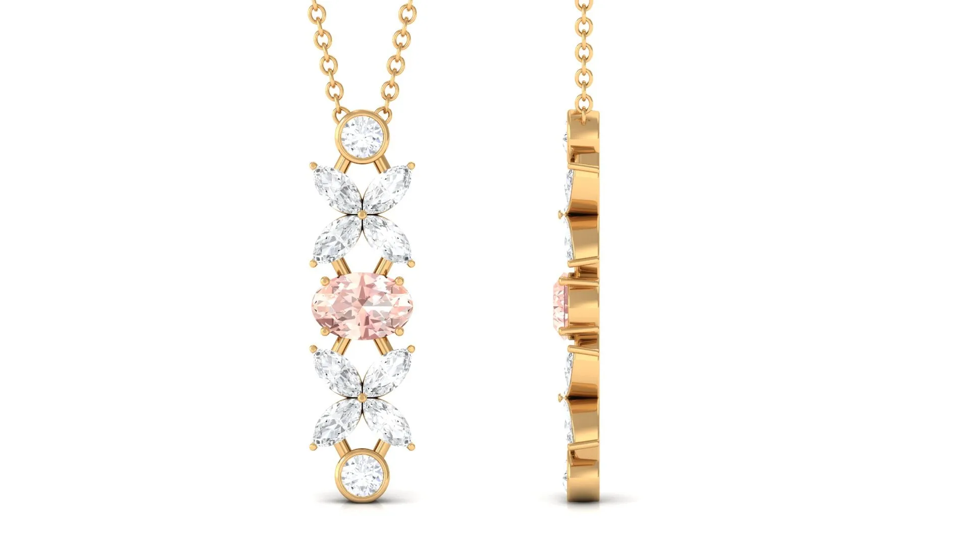 Oval Morganite Flower Dangle Pendant Necklace with Diamond