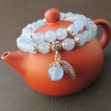 Pink chalcedony agate bracelet leaves