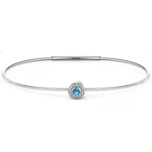 Platinum Finish Sterling Silver Round Simulated Blue Topaz Birth Gem Bracelet with Simulated Diamonds