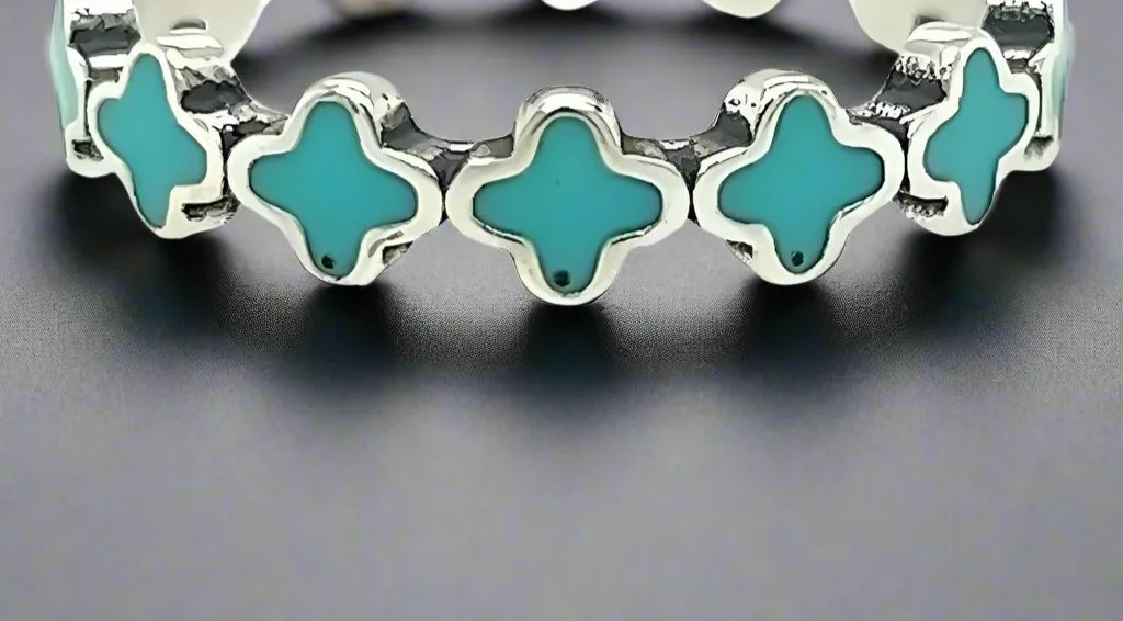 R672 Turquoise Flower Clover Ring