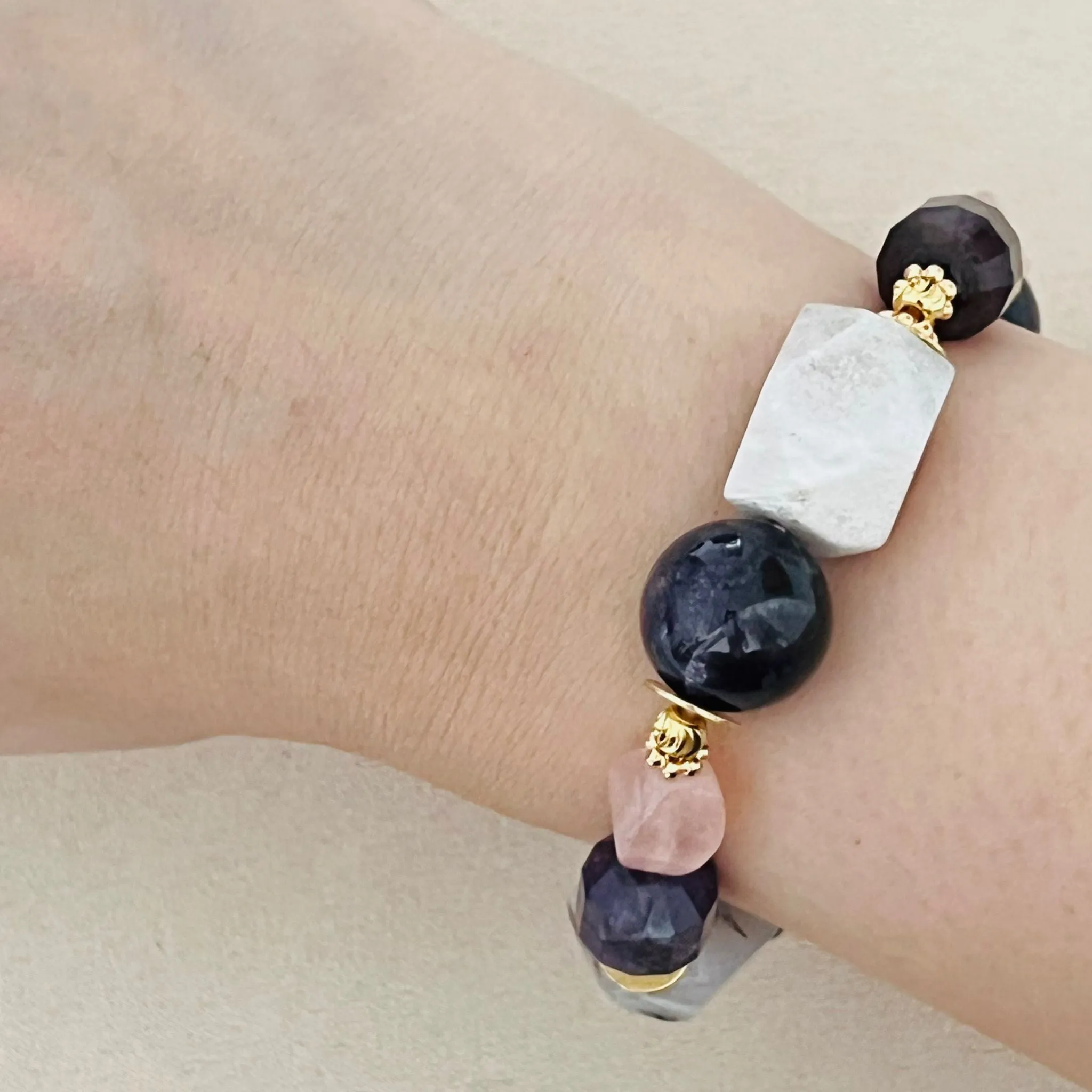 Raw Peruvian Pink Opal, Amethyst & Rose Quartz Bracelet