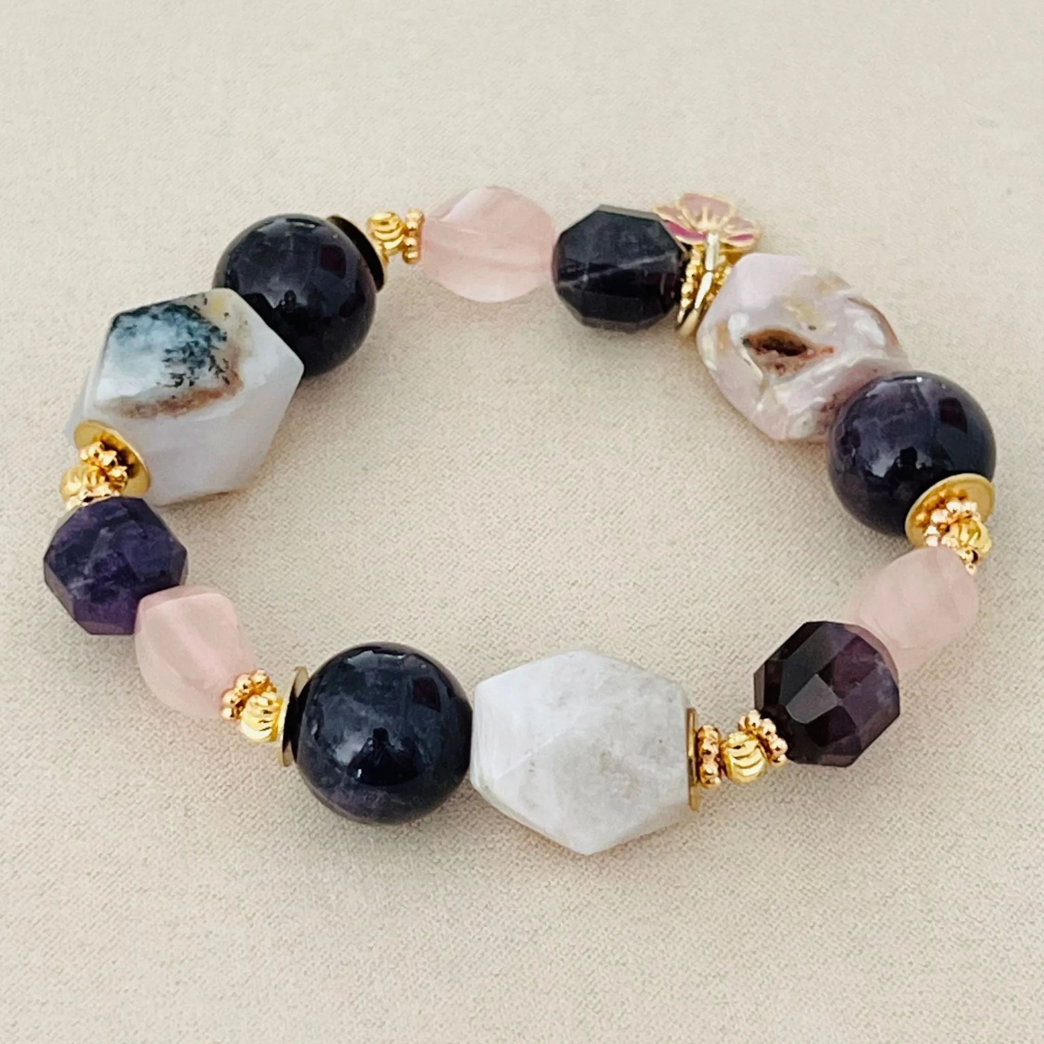 Raw Peruvian Pink Opal, Amethyst & Rose Quartz Bracelet