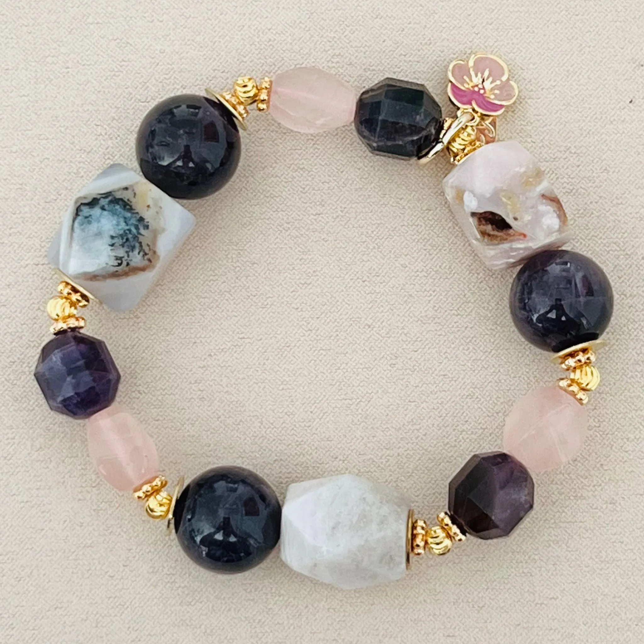 Raw Peruvian Pink Opal, Amethyst & Rose Quartz Bracelet