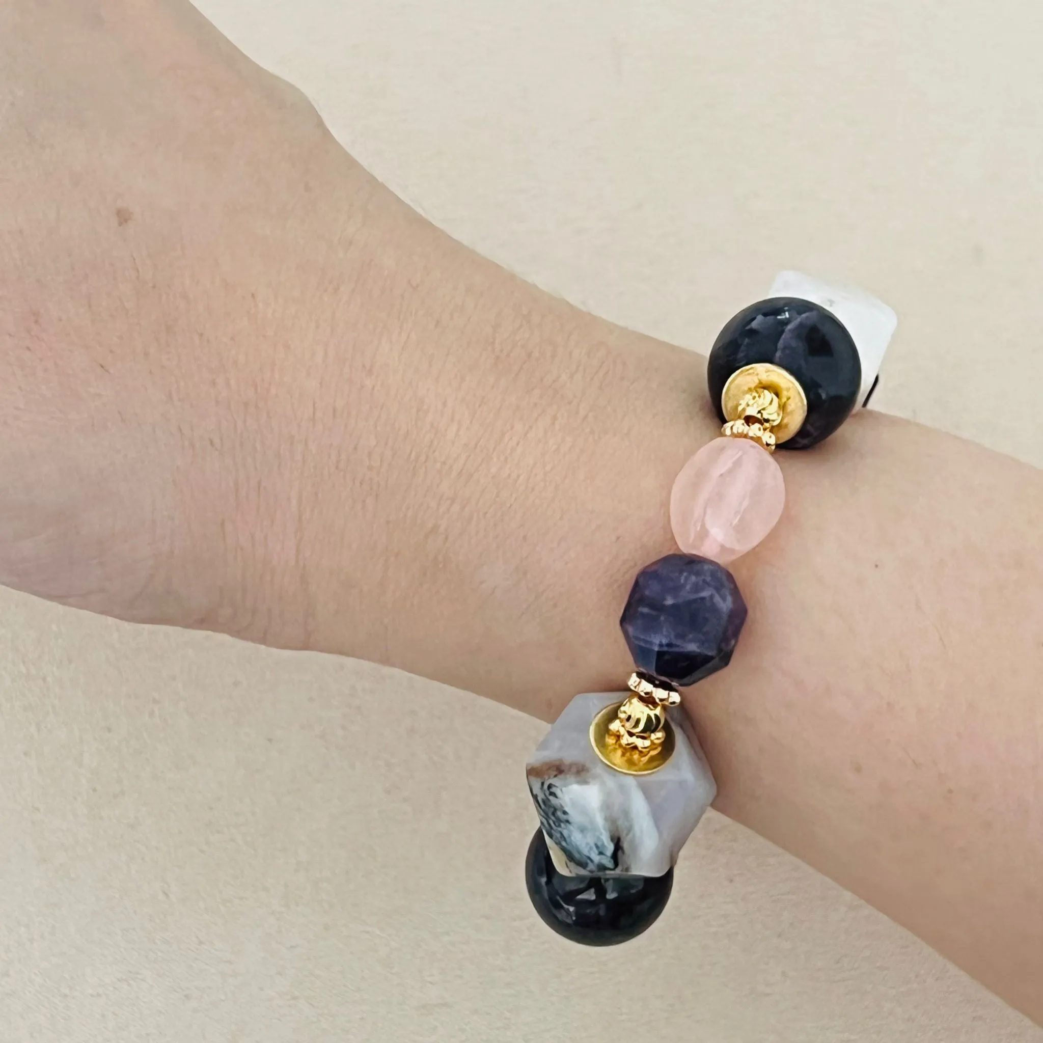 Raw Peruvian Pink Opal, Amethyst & Rose Quartz Bracelet