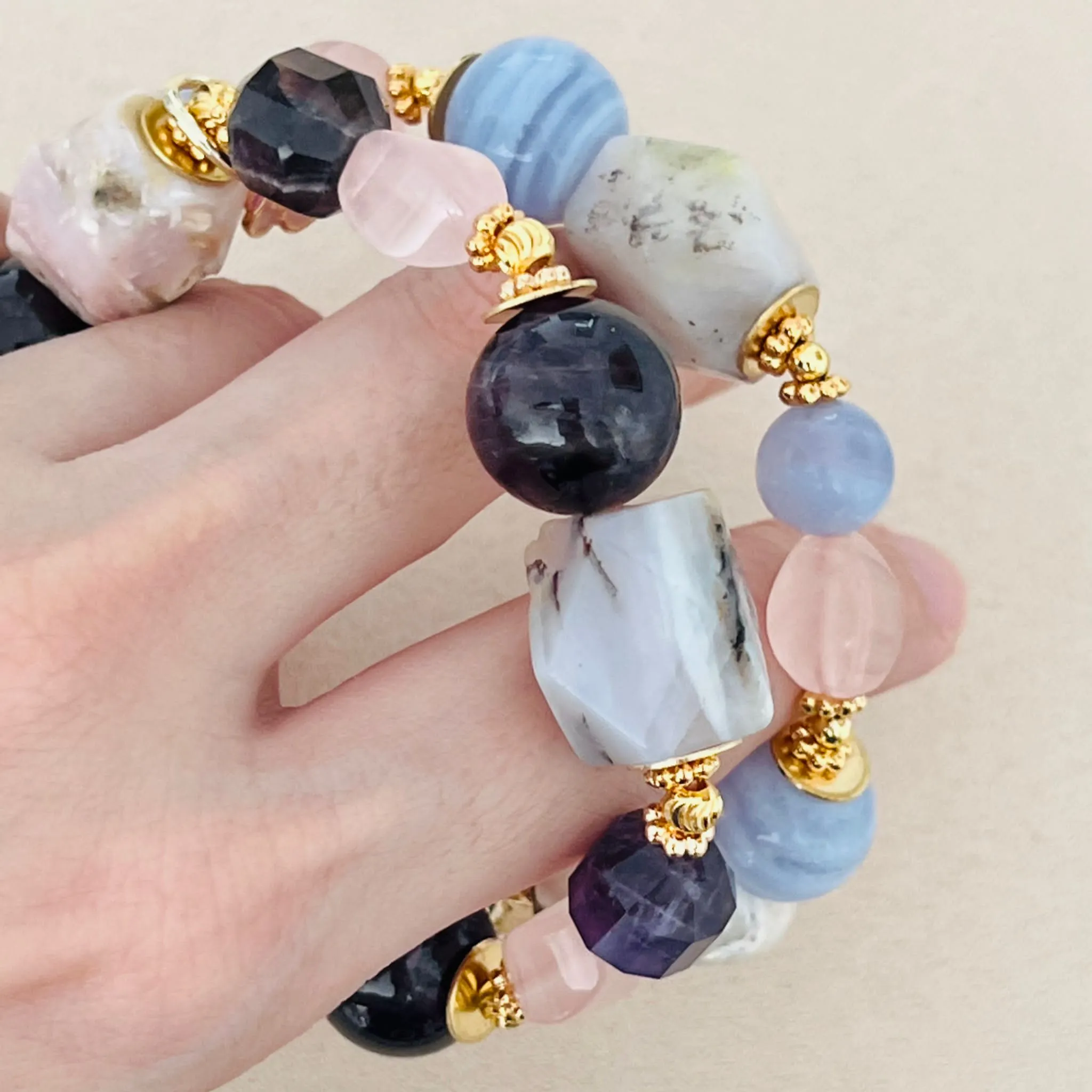 Raw Peruvian Pink Opal, Amethyst & Rose Quartz Bracelet