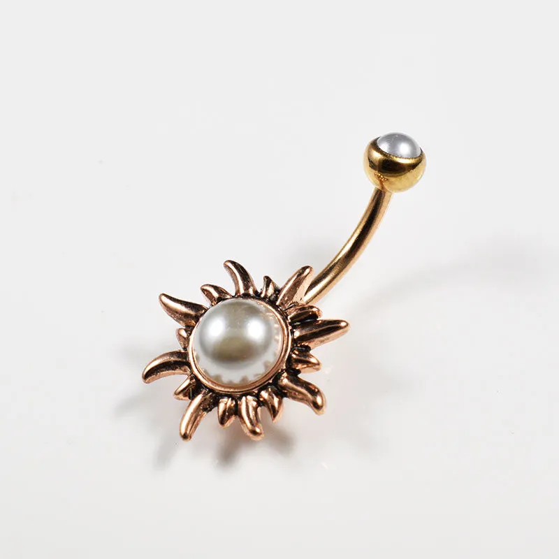 Rose Gold Sun Navel Bar with Pearl