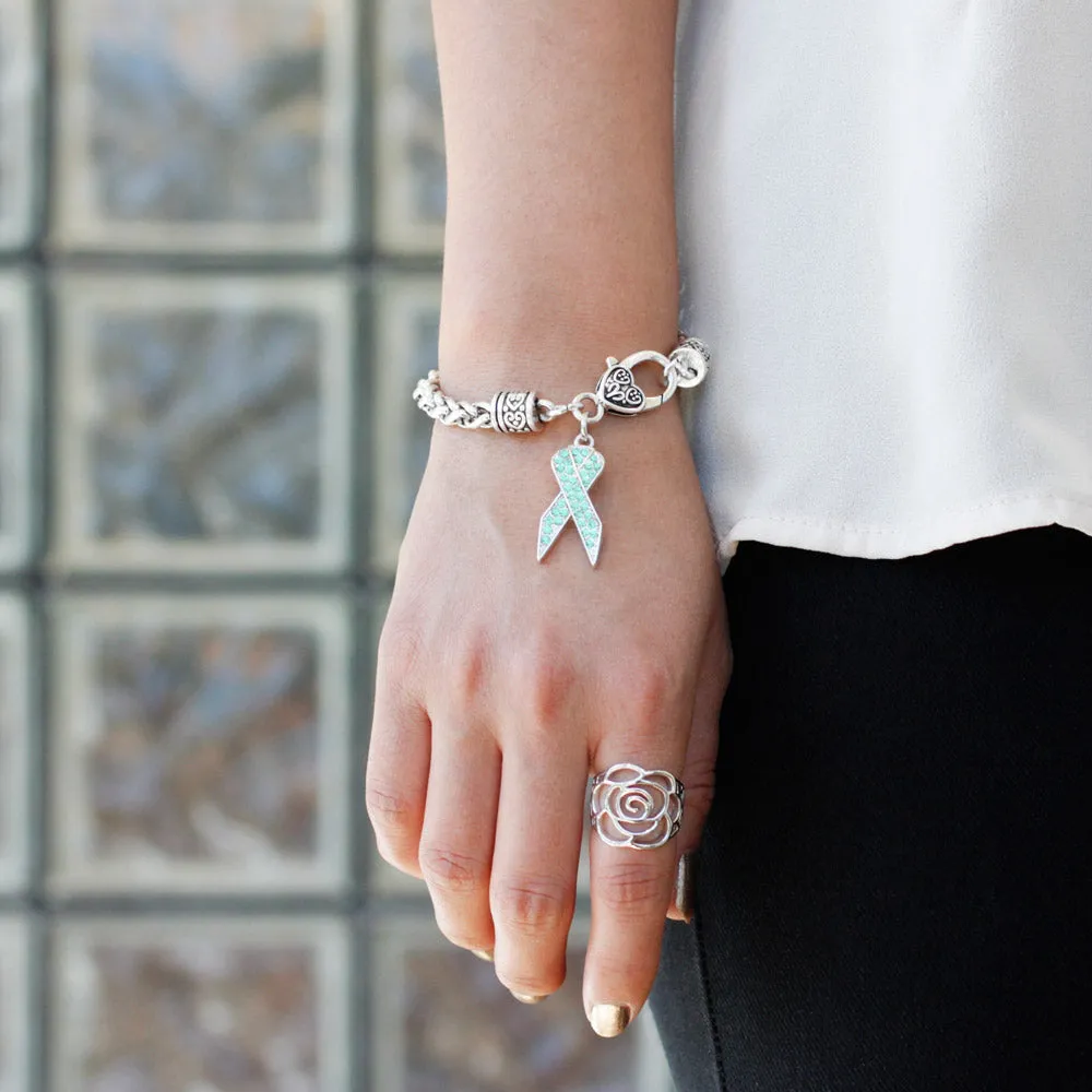Silver Aqua Ribbon Charm Braided Bracelet
