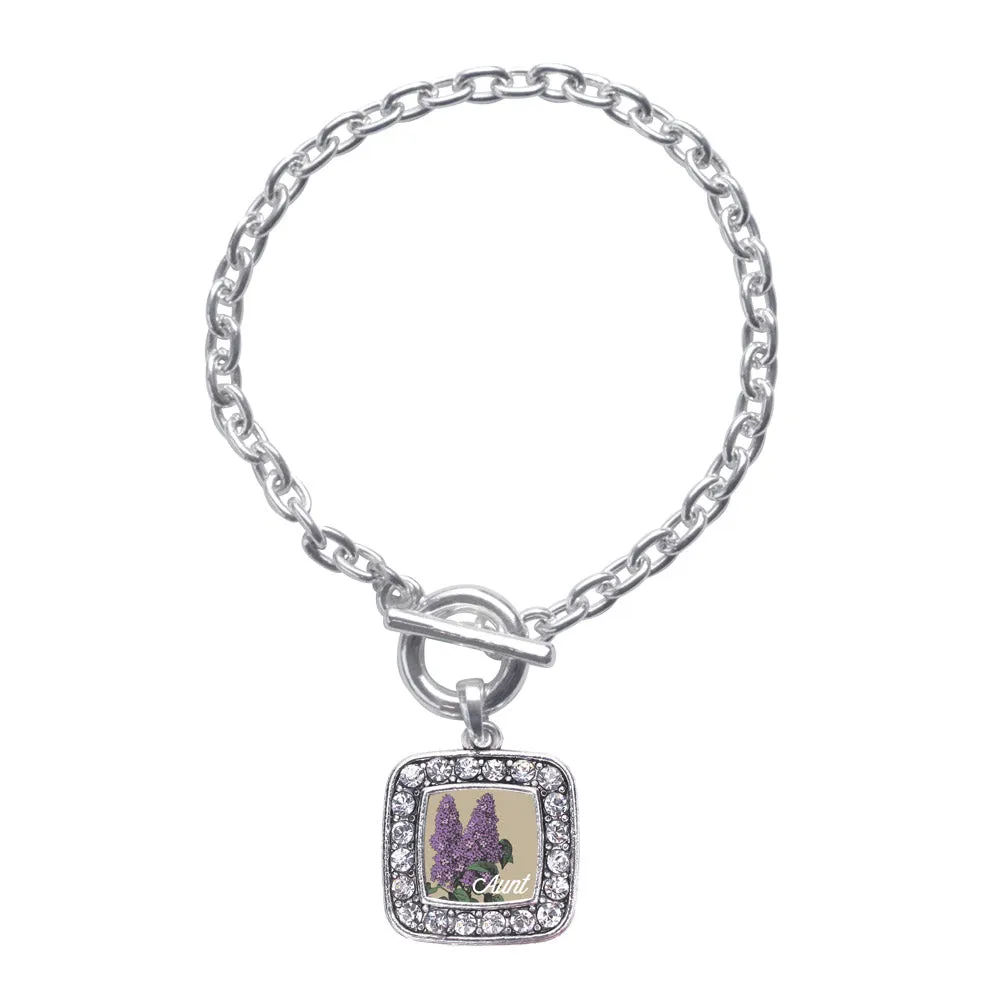 Silver Aunt Lilac Flower Square Charm Toggle Bracelet