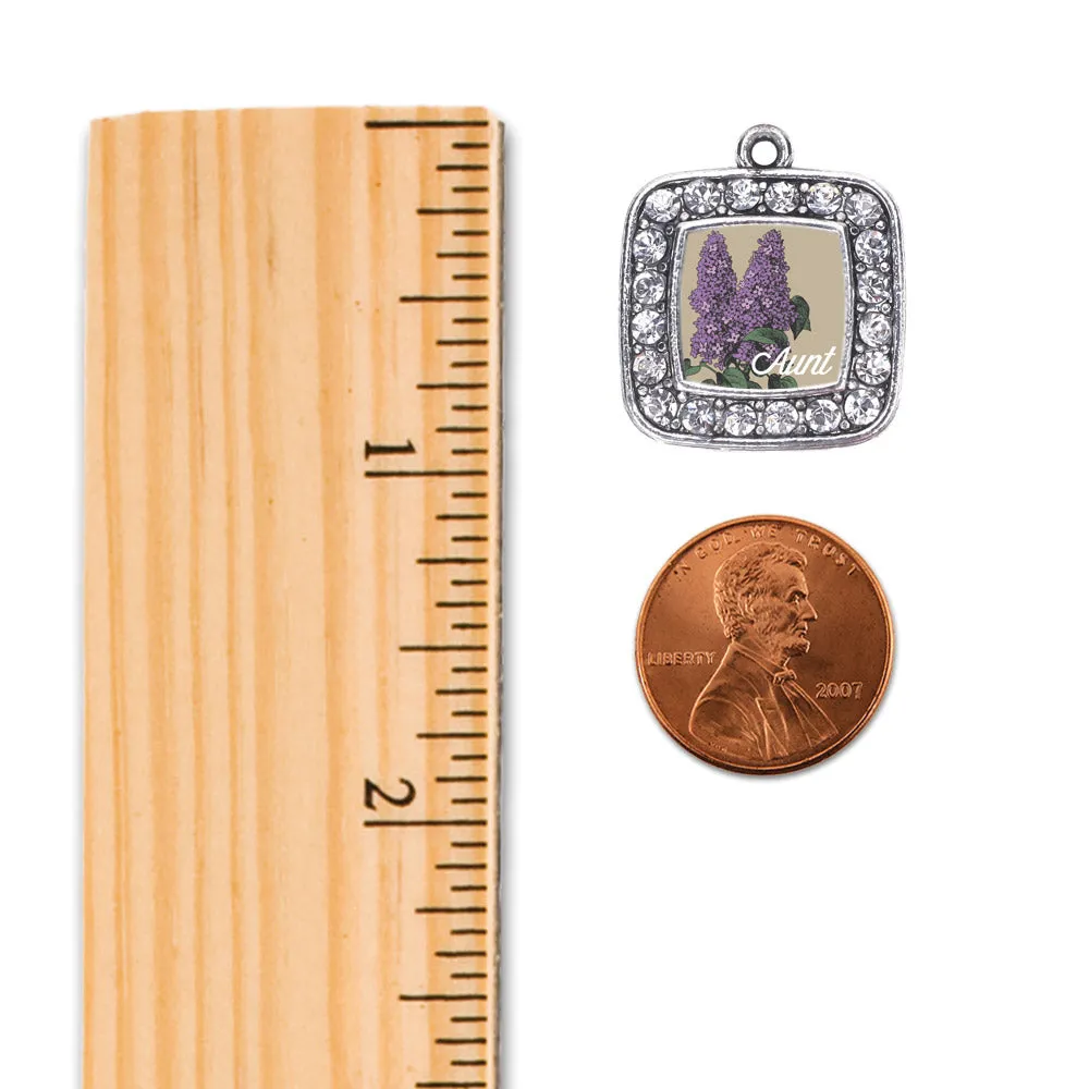 Silver Aunt Lilac Flower Square Charm Toggle Bracelet