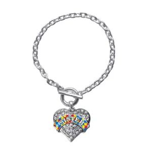 Silver Autism Sister Pave Heart Charm Toggle Bracelet