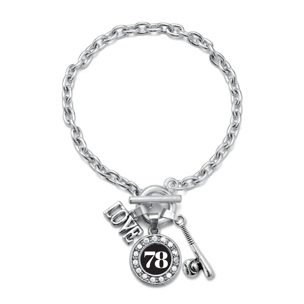 Silver Baseball Bat - Sports Number 78 Circle Charm Toggle Bracelet