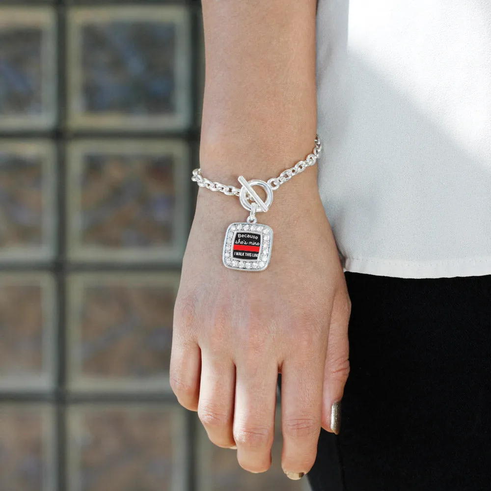 Silver Because She's Mine Red Line Square Charm Toggle Bracelet