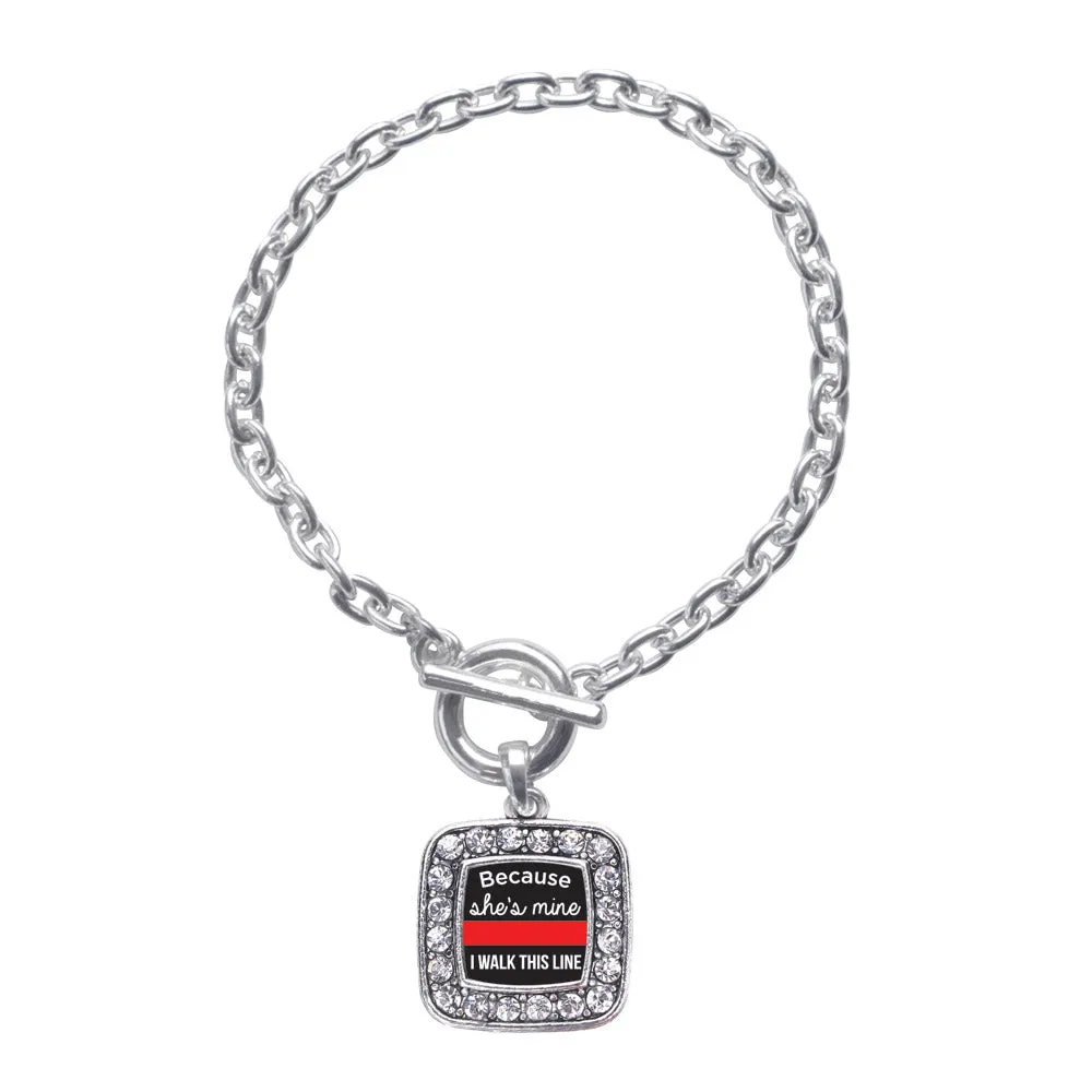 Silver Because She's Mine Red Line Square Charm Toggle Bracelet
