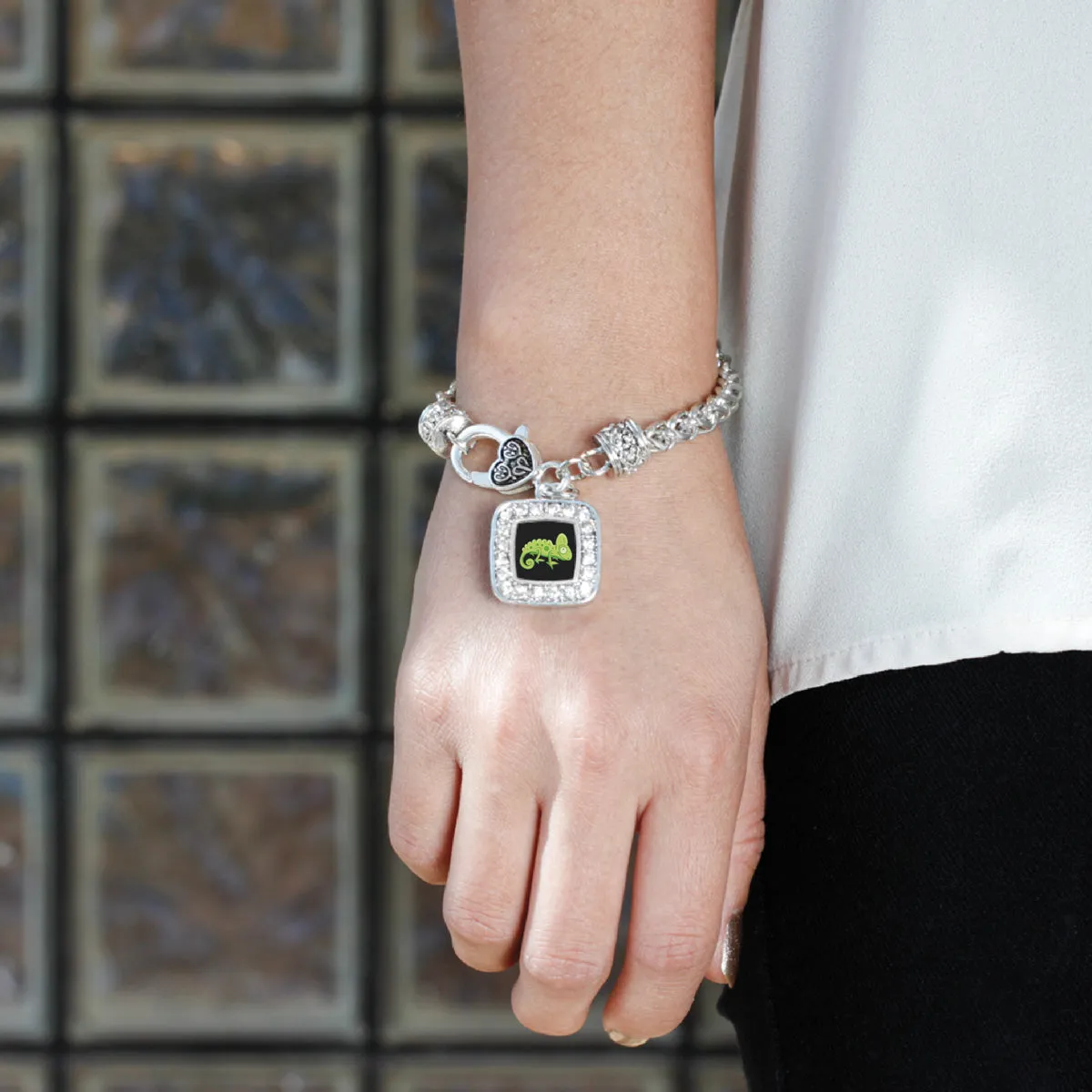 Silver Chameleon Square Charm Braided Bracelet