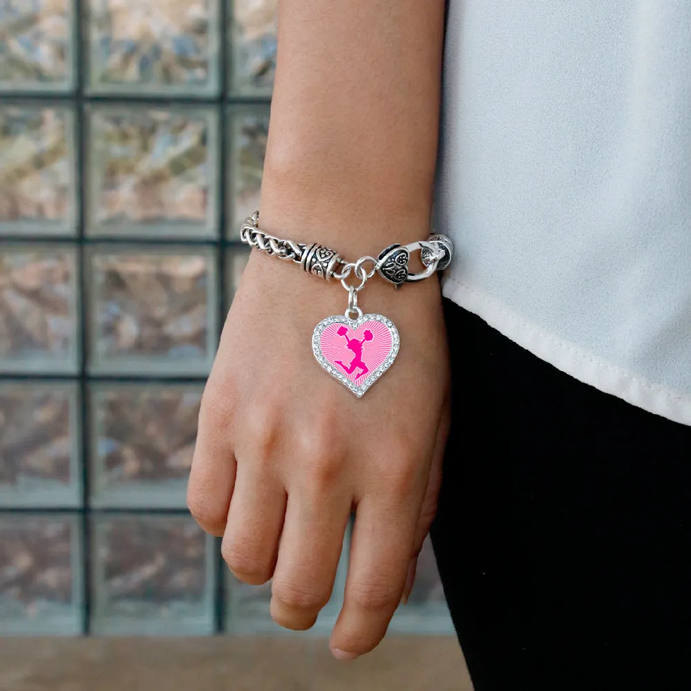 Silver Cheerleader - Pink Open Heart Charm Braided Bracelet