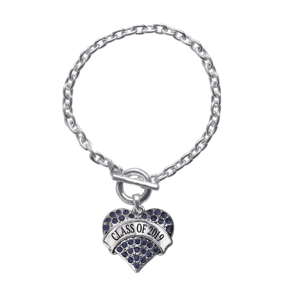 Silver Class of 2019 Navy Blue Pave Heart Charm Toggle Bracelet