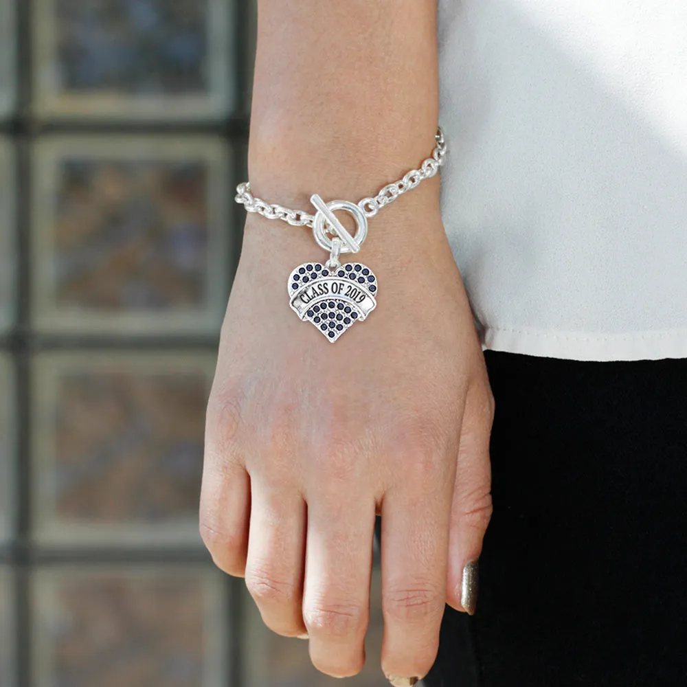 Silver Class of 2019 Navy Blue Pave Heart Charm Toggle Bracelet