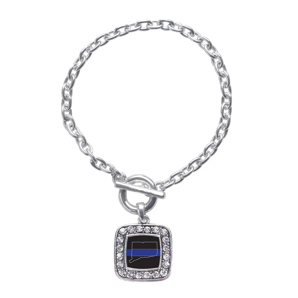 Silver Connecticut Thin Blue Line Square Charm Toggle Bracelet