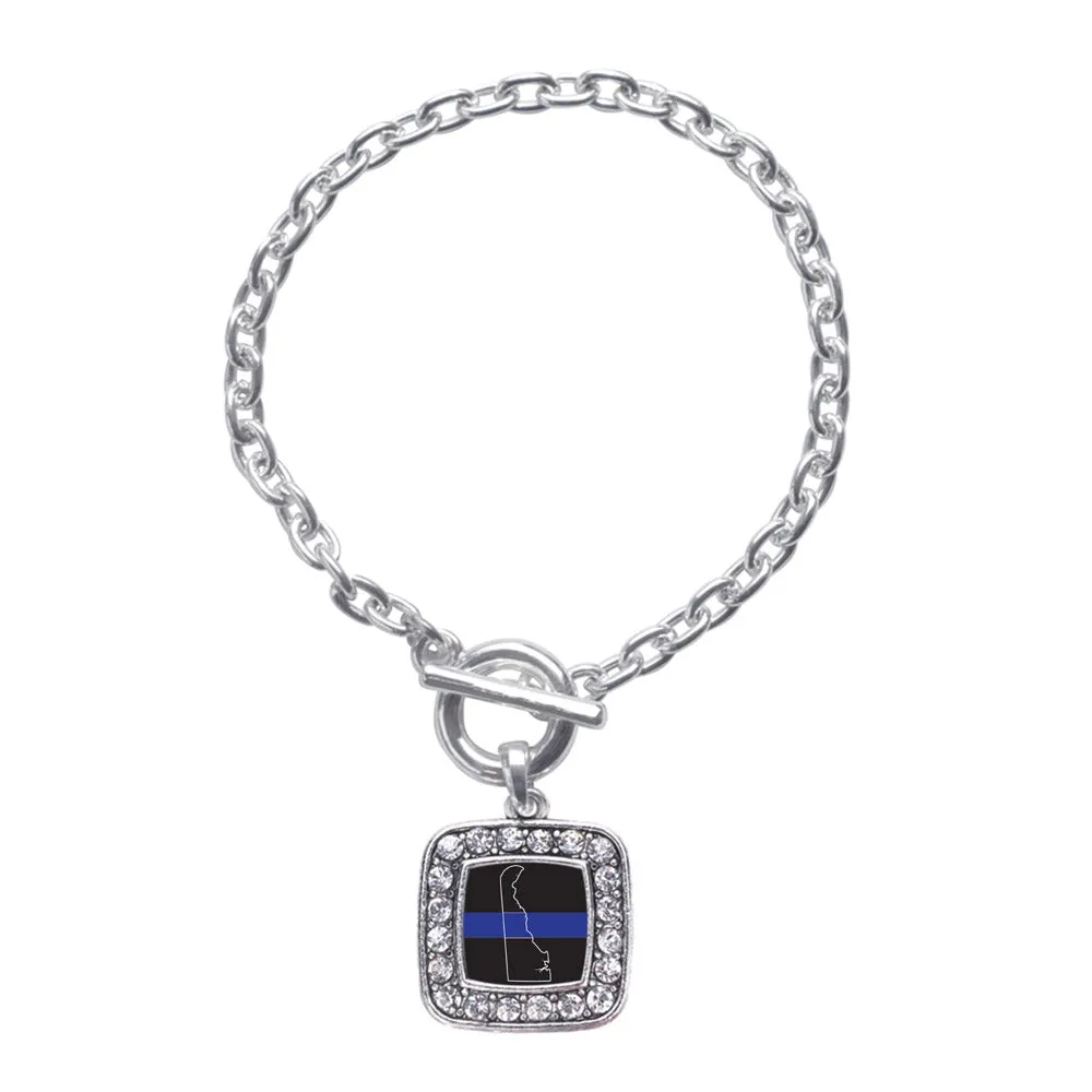 Silver Delaware Thin Blue Line Square Charm Toggle Bracelet