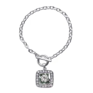 Silver Gardenia Flower Square Charm Toggle Bracelet